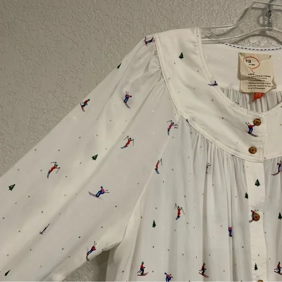 32 of 52 Conversations Anthropologie Blouse Top Womens 16 Skier Novelty Print - Picture 5 of 16
